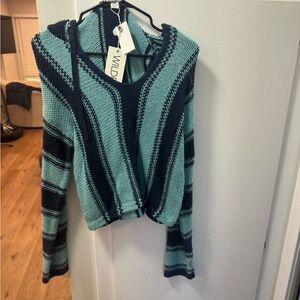 Wildfox Mint and Navy Striped V-Neck Hooded Sweater